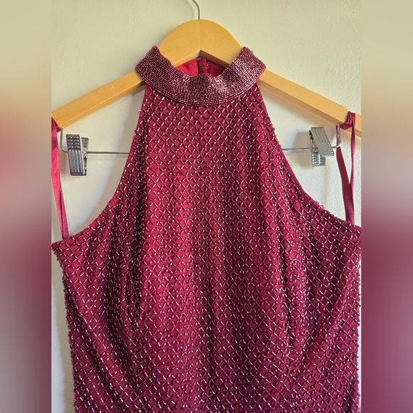 Mac‎ Duggal, Hand Embellished Halter Midi Sheath Dress,Burgundy, Size 2 - Picture 6 of 10